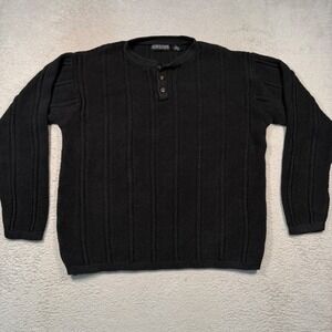 Vintage 90s Structure Henley Sweater Men XL Black Textured Knit 1996 Retro